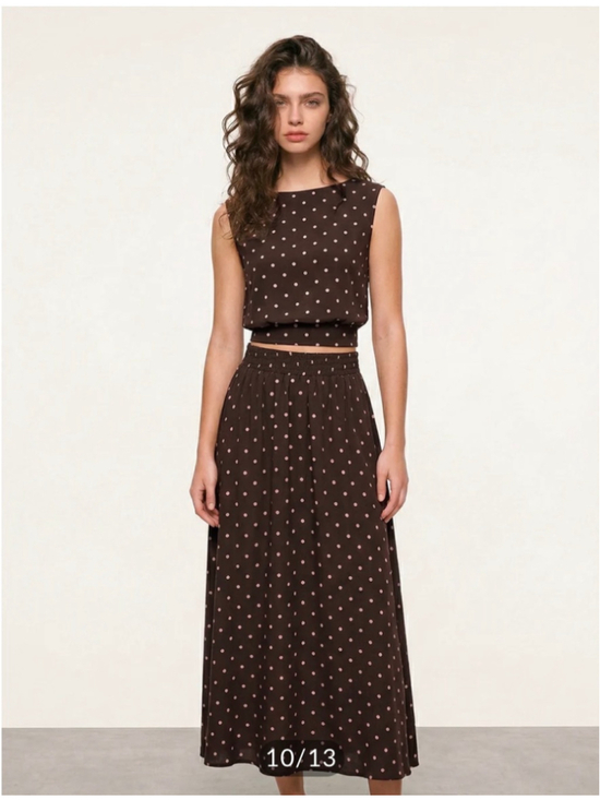 Commense Dresses & Skirts - Commense Brown Polka Dot Midi Skirt Top Set Size M 90s Minimalist Elevated